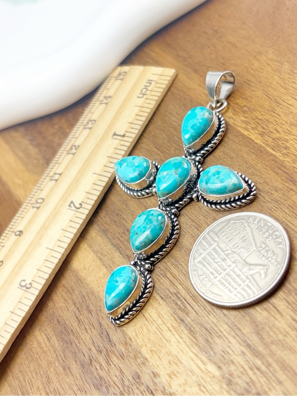 XL Mohave Turquoise Cross Pendant Jade Necklace Sterling Silver 925 Overlay New - Picture 12 of 12